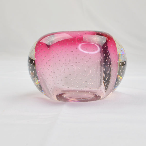 Vtg Hand Blown Pink Bubble Art Glass Crystal Votive Candle Holder Paperweight