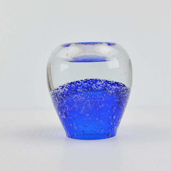 Vtg Hand Blown Blue Bubble Art Glass Crystal Votive Candle Holder Paperweight