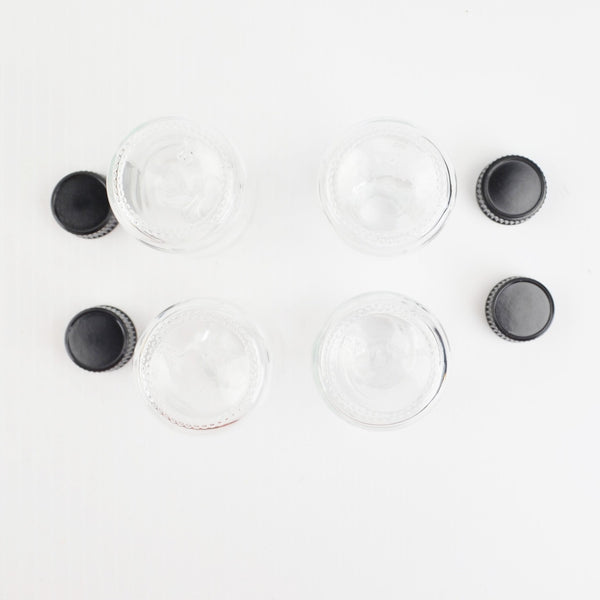 4 Pack 2 Oz Small Clear Glass Bottles with Lids and Stainless Steel Funnel - New
