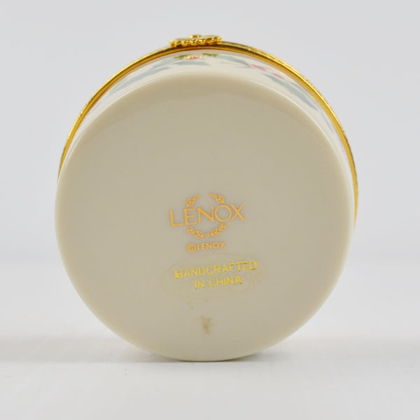 Lenox Porcelain Christmas Hinged Holly Berry Gold Trim Trinket Box 2" Diameter