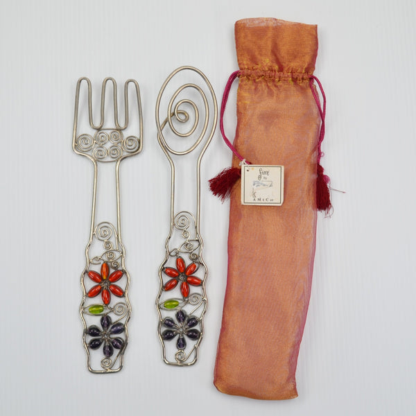 Fiore Salad Server Fork Spoon Set - Decorative Floral Beaded Serving Utensils