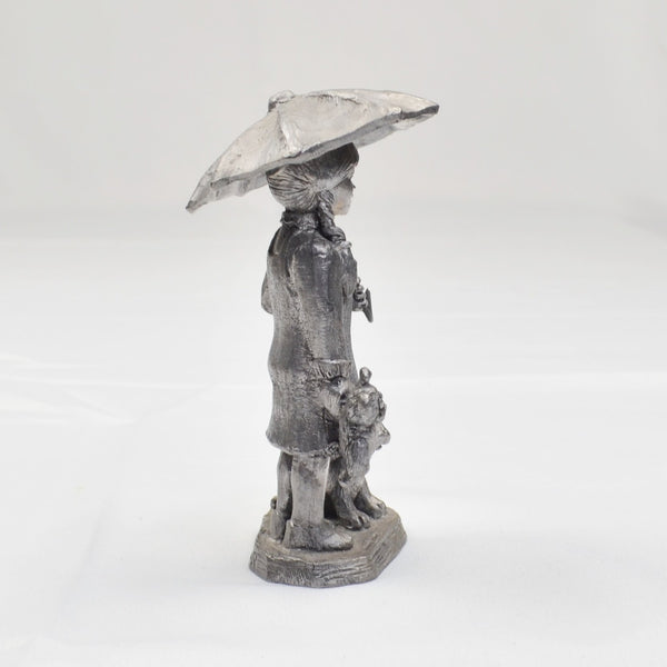 Pewter Girl with Umbrella & Dog Sculpture Figurine by Michael Ricker 1983 4.5"
