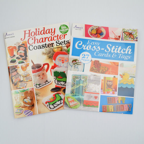 Annies Easy Cross Stitch Cards Tags & Holiday Plastic Canvas Coasters - Lot of 2