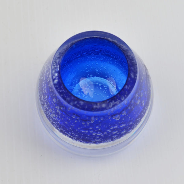Vtg Hand Blown Blue Bubble Art Glass Crystal Votive Candle Holder Paperweight