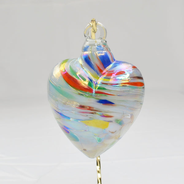 Blown Art Glass Heart Multi-Colored Ornament with Metal Stand Murano Style 4"