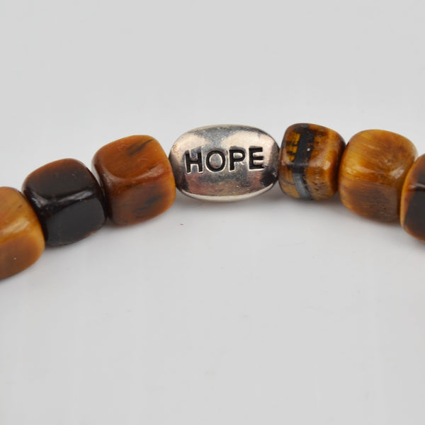 Square Glass Beaded Bracelet - 925 Sterling Silver "Hope" Charm, Stretch