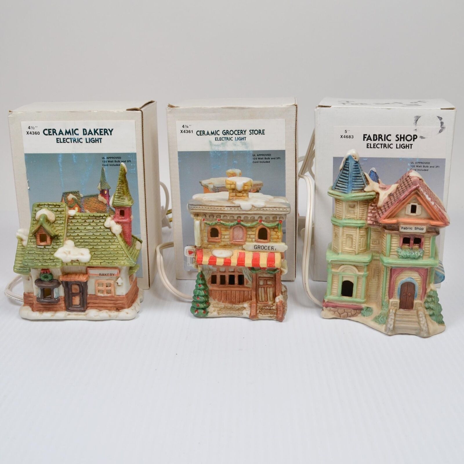 Lot 3 Porcelain Ceramic Christmas Village Houses / Bakery / Grocery with Lights