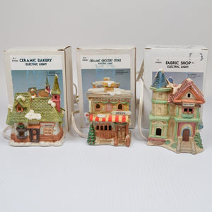Lot 3 Porcelain Ceramic Christmas Village Houses / Bakery / Grocery with Lights
