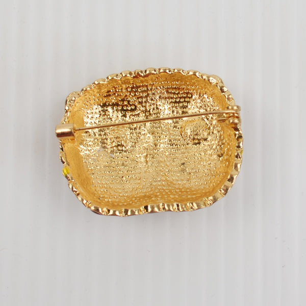 Owl Face Brooch - Large Enamel Crystal Rhinestone Pin - Gold Tone