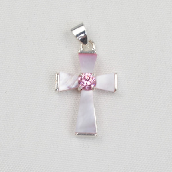 925 Sterling Silver Pink Rhinestone Small Cross Pendant 1.25" Mother of Pearl
