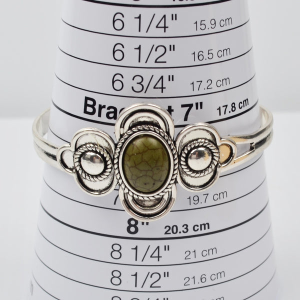 Western Silver Tone Cuff Bracelet - Olive Green Stone - Southwestern Cowgirl