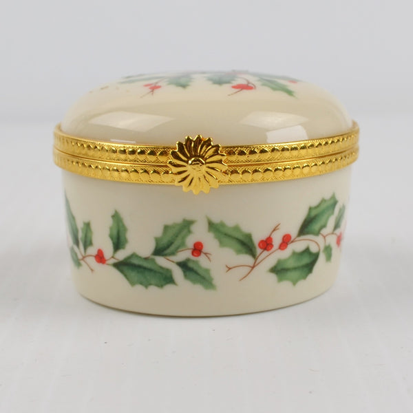Lenox Porcelain Christmas Hinged Holly Berry Gold Trim Trinket Box 2" Diameter