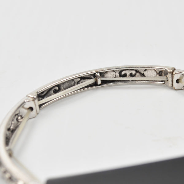 Silver Tone Bar White Bead Stretch Bracelet - Filigree Rectangle Bar Bangle