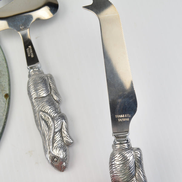 3 Piece Arthur Court Stainless Bunny Rabbit Marble Cheese Board and Knife Set