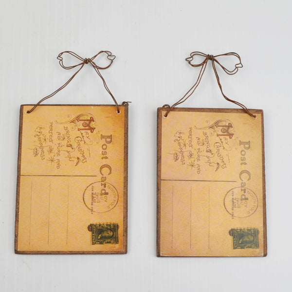 Set of 2 Vintage Postcard Christmas Ornaments - Wood / Metal 3"