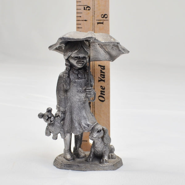 Pewter Girl with Umbrella & Dog Sculpture Figurine by Michael Ricker 1983 4.5"