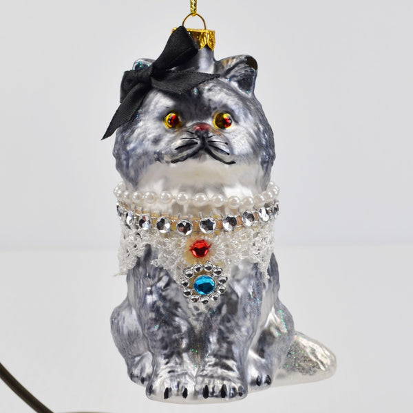 Large Blown Glass Cat Christmas Ornament - Gray Cat Kitten Christmas - 5"