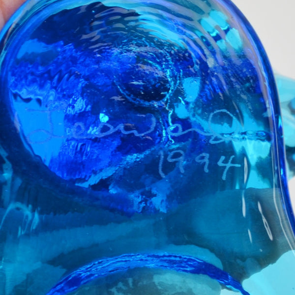 Blue Bird of Happiness Art Glass Votive Candle Holder Signed Leo Ward 1994