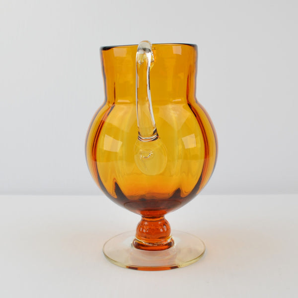 Vintage Hand Blown Art Glass Amber Pitcher Creamer Pedestal Vase Clear Handle 6”