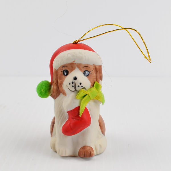 Vintage Holly Bells Ceramic Puppy Dog Bell Christmas Ornament - Giftco 1986