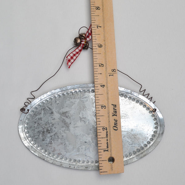 Galvanized Tin Metal Merry Christmas 7" x 4" Oval Plaque Ornament w/Ribbon Bells