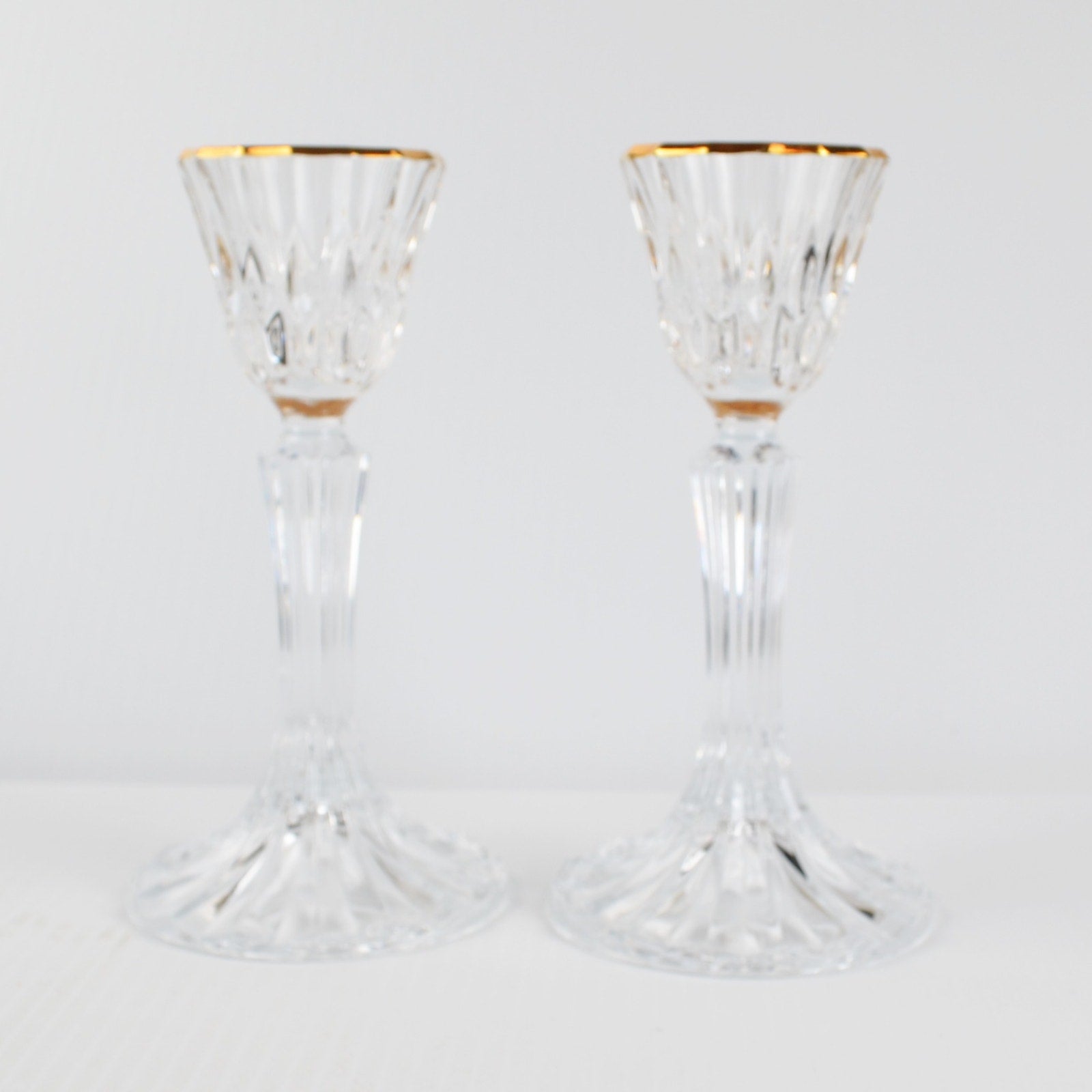 Pair of Crystal Candlesticks, Gold Rim 7" Taper Candle Holders Lead Crystal