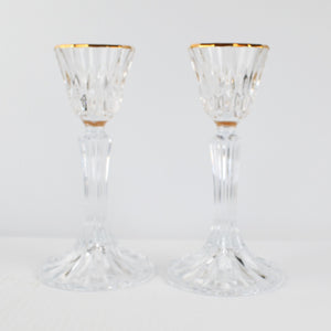 Pair of Crystal Candlesticks, Gold Rim 7" Taper Candle Holders Lead Crystal