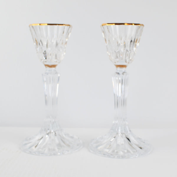 Pair of Crystal Candlesticks, Gold Rim 7" Taper Candle Holders Lead Crystal