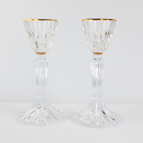Pair of Crystal Candlesticks, Gold Rim 7" Taper Candle Holders Lead Crystal