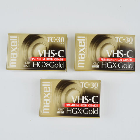 Lot of 3 Maxell VHS-C Camcorder Tapes TC-30 HGX Gold Premium High Grade - SEALED