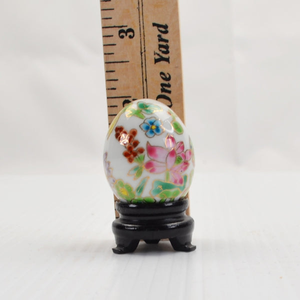 Vintage Hand Painted Porcelain Mini Egg Polished Floral Gold Trim Wood Stand 2"