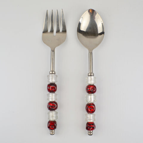 Salad Fork Spoon Set - Red White Beaded Serving Utensils - Christmas Party