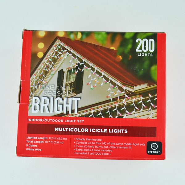 200 Christmas ICICLE LIGHTS Multi Colored Lighted - 17 FT (5.2 M) - White Wire