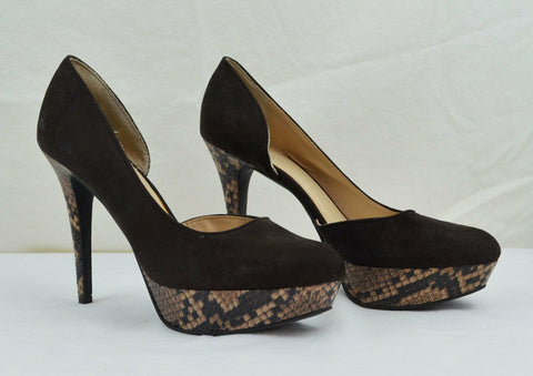 Nine West Platform Heels 9 1/2 M Dark Brown Faux Snake Skin & Suede Stiletto
