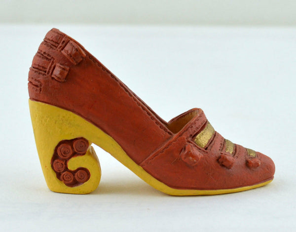 Miniature Shoe - Brown-Red and Gold with Flower Detail in High Heel