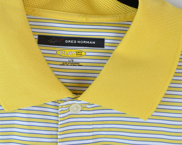 Greg Norman Golf Polo Mens Shirt Carolina Lakes Yellow Striped Play Dry Large