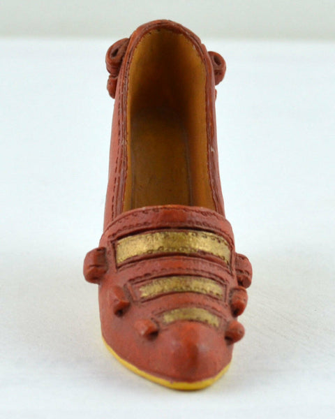 Miniature Shoe - Brown-Red and Gold with Flower Detail in High Heel