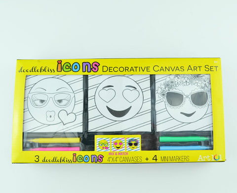 Art 101 Doodlebliss Emoji Icons Decorative 4x4 Canvas Art Set & Mini Markers New