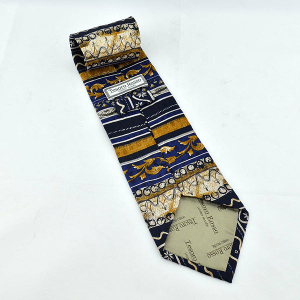 Tesoro Rosso 100% Silk Navy Blue Stripe Geometric Floral Neck Tie Classic