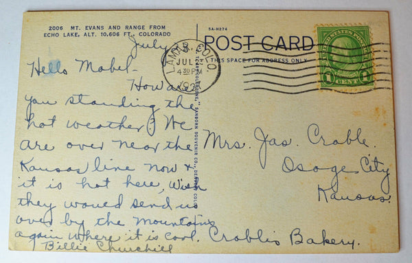 Mt. Evans,  Echo Lake, Denver, Colorado - Posted c.1937 Postcard