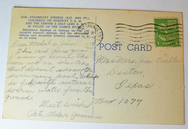Steamboat Springs, Colorado, Denver Salt Lake Railroad - Posted c.1948 Postcard