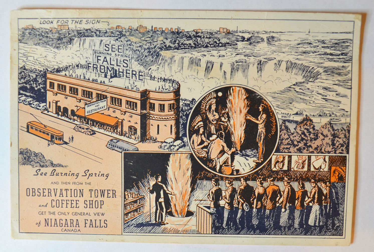 NIAGARA FALLS Burning Spring Observation Tower Canada Vintage Postcard ca 1940s
