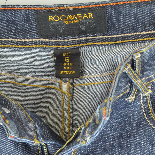 Rocawear Womens Juniors Jean Bermuda Shorts Stretch Size 5 Blue Jeans Rolled Hem