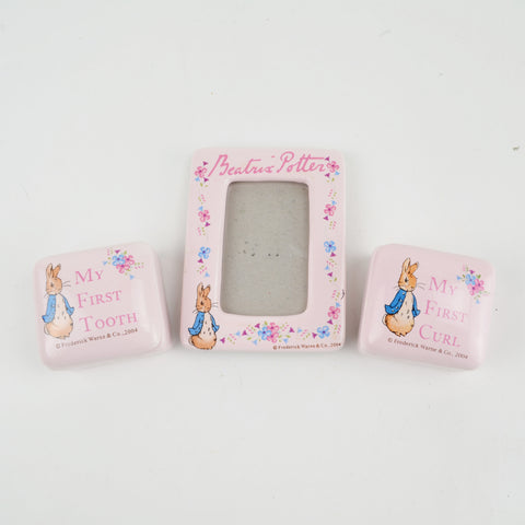 Beatrix Potter Photo Frame 4"x3" Ceramic Pink Boxes Baby Girl Set - Rabbit Flowers