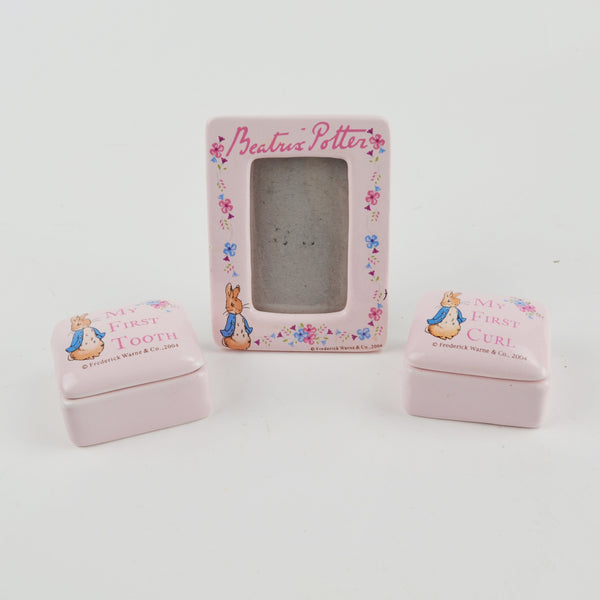 Beatrix Potter Photo Frame 4"x3" Ceramic Pink Boxes Baby Girl Set - Rabbit Flowers