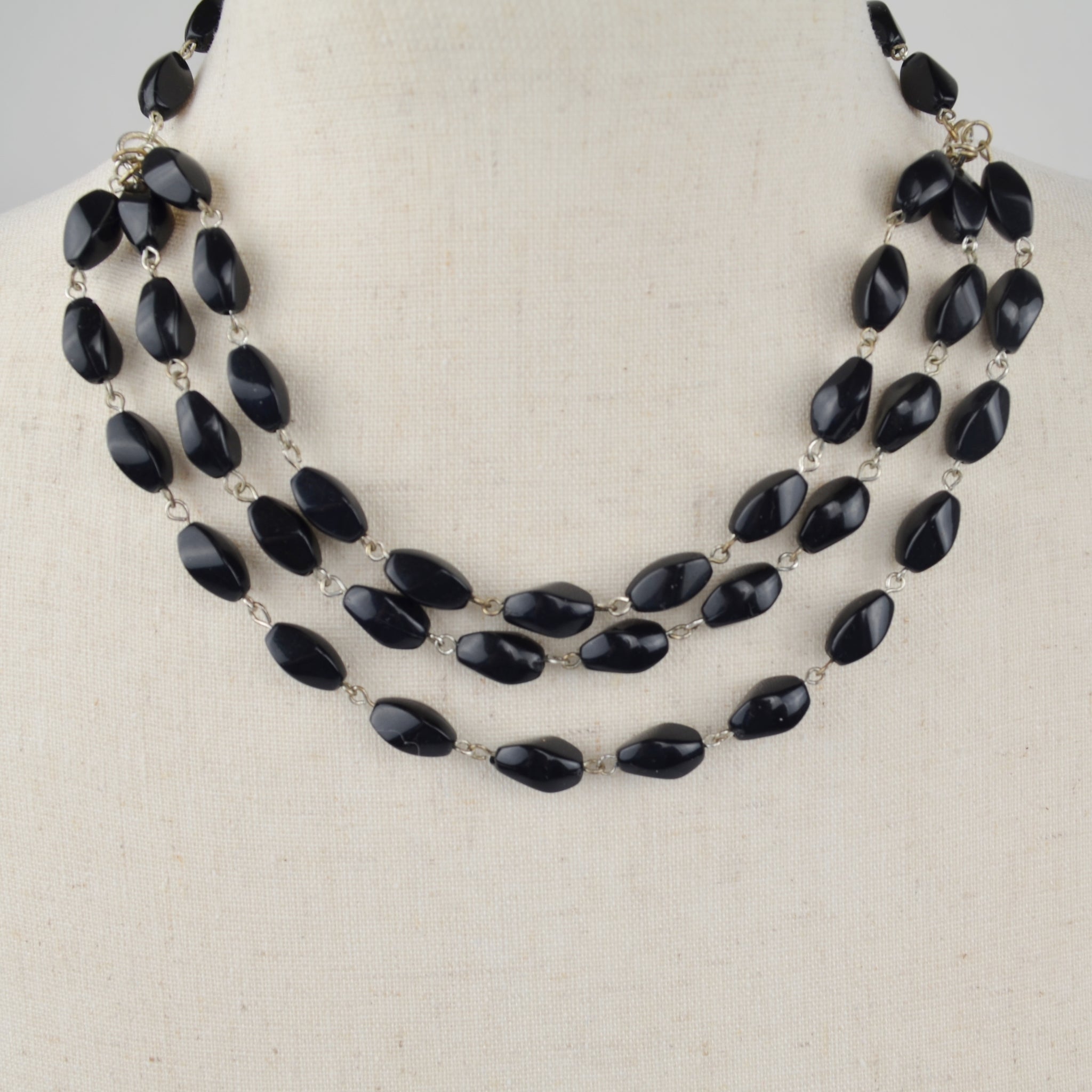 3-Strand Black Bead Bib Statement Necklace - Silver Tone Chain