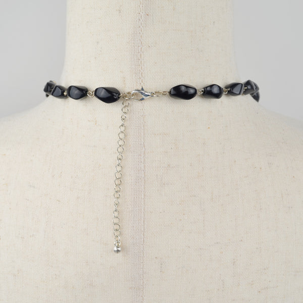 3-Strand Black Bead Bib Statement Necklace - Silver Tone Chain