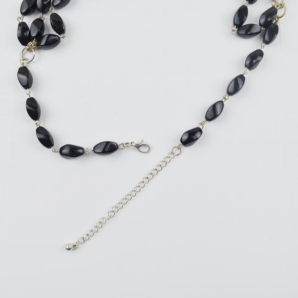 3-Strand Black Bead Bib Statement Necklace - Silver Tone Chain