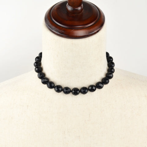 Vintage Black Faceted Round Bead Choker Estate Necklace 12" Womens Costume Jewelry
