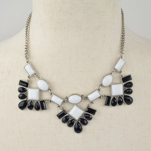 Silver Tone Black White Bib Statement Necklace Faceted Tear Drop Square Oval